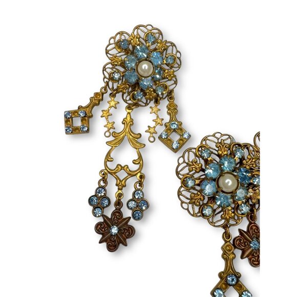 Vintage Filigree Dangle Brooch Earrings Set Blue Rhinestones Pierced - Picture 4 of 8